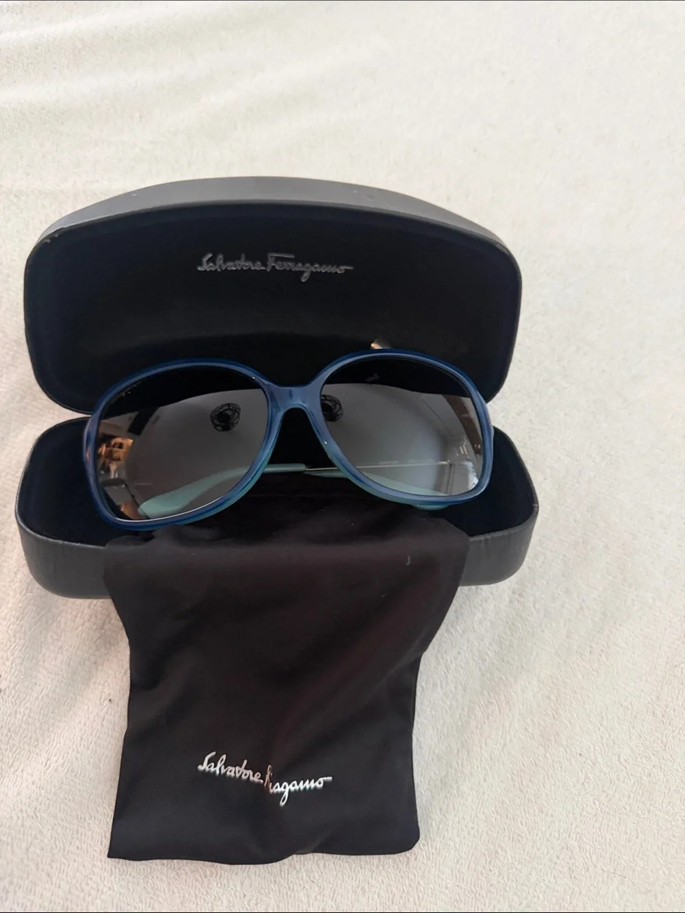 Salvatore Ferragamo Teal Cat Eye Sunglasses with Dark Lenses
